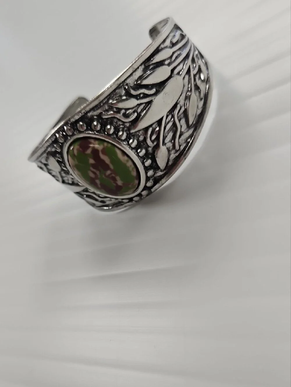 Silver-Tone Floral Cuff Bracelet with Green and Burgundy Stone